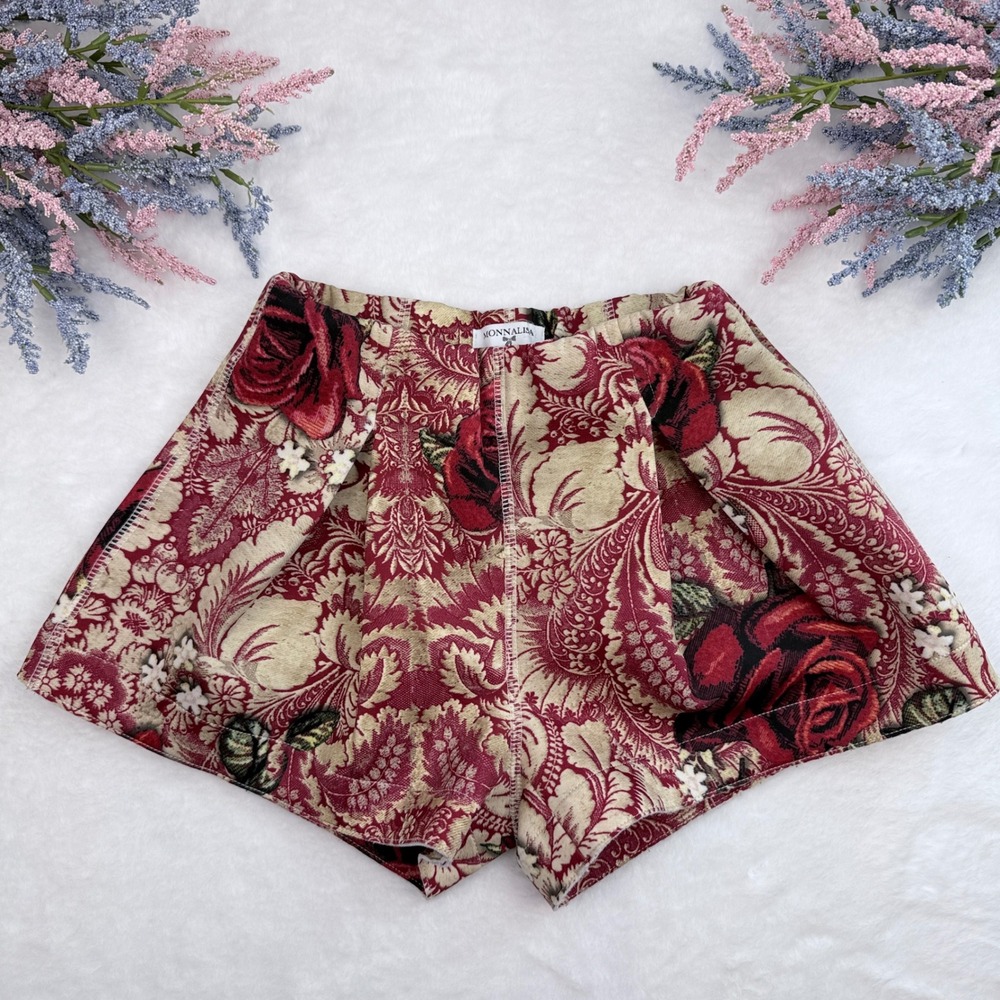 Monnalisa Shorts Girls 9 Red Floral Damask Tapestry Baroque Designer Italy
